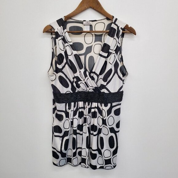 Womens Black & White Sleeveless‎ V-Neck Blouse Top Size L Beaded Waist Stretch - Picture 3 of 13